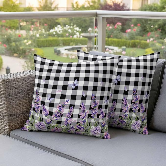 Lavender Floral Outdoor Waterproof Pillow Covers, Purple Flowers Butterfly Black Gray Plaid Decorative Square Throw Pillowcase Sofa Cushion Sham for Patio/Couch/Chair, 16"x16" 2 Pack