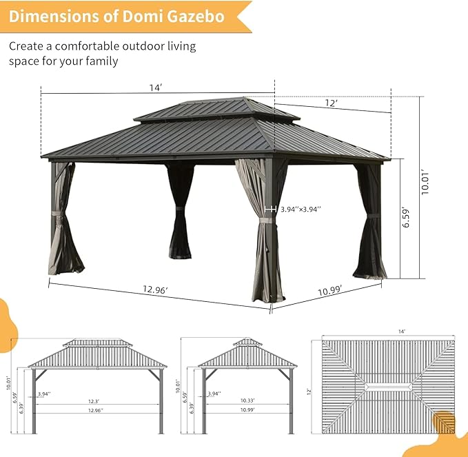 Domi Outdoor Hardtop Gazebo 12’x14’, Permanent Metal Gazebo for Patios with Aluminum Frame, Galvanized Steel Double Roof, Heavy Duty Curtains & Netting, Grey