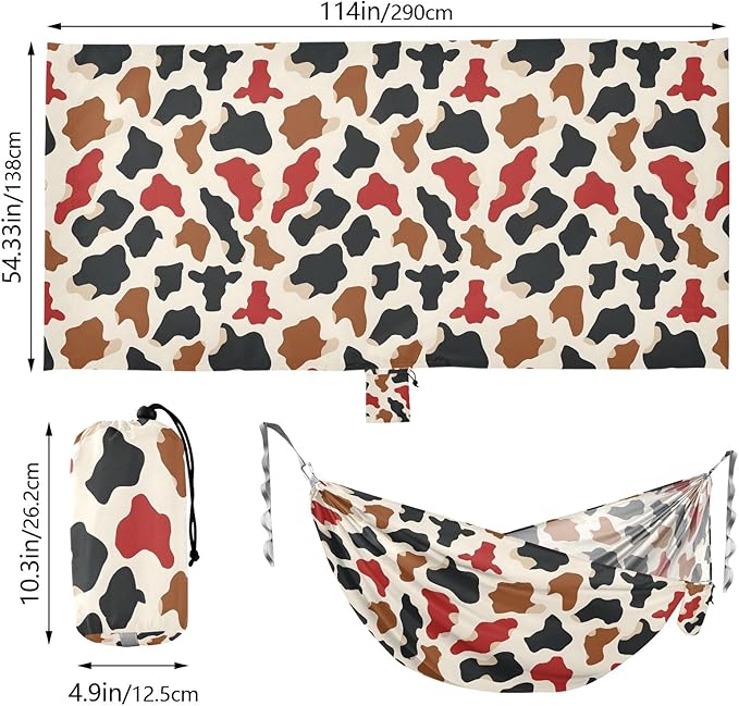 Camping Hammock Outdoor Hammocks for Outside Brown Black Red Cow Spots Beach Trees Portable Lightweight with Pockets Tree Straps Indoor