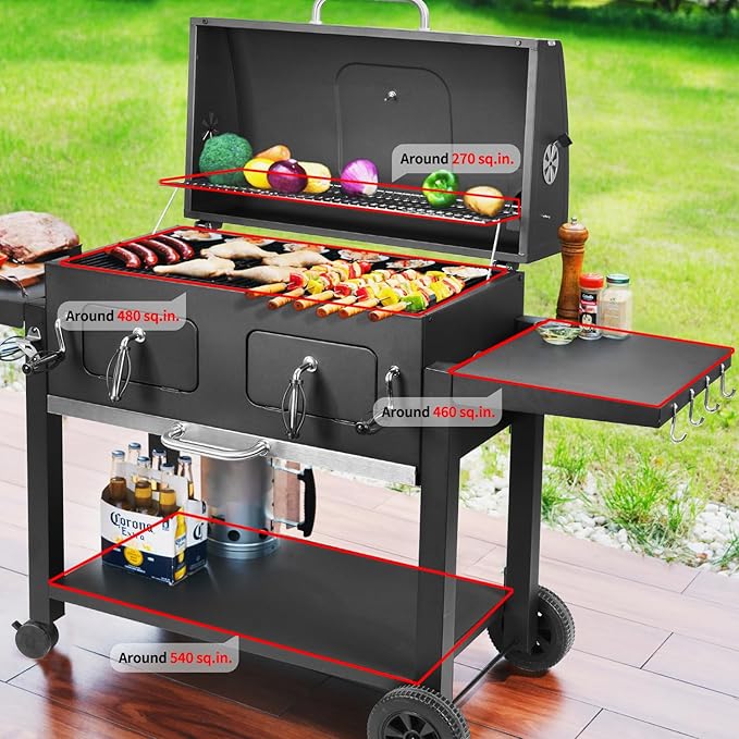 Kenadne Charcoal Grill Outdoor BBQ Grill, Extra Large Cooking Area 794 Square Inches with Two Adjustable & Individual Charcoal Tray, Foldable Side Tables for Outdoor Cooking grill Backyard