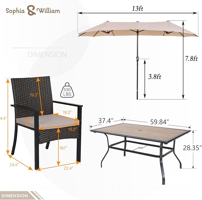 Sophia & William 7 Pieces Patio Dining Set with 13 ft Beige Double-Sided Umbrella, Outdoor Rattan Chairs & Metal and PVC Table Set with Cushion and 1.57" Umbrella Hole for Terrace Backyard Porch