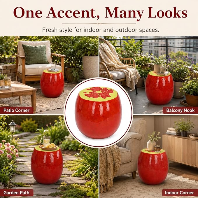 12.20" Pomegranate Outdoor Garden Stool, Funky Fruit Side Table Indoor, Vibrant Table Home Decor Plant Stand Garden Indoor Outdoor Decorations
