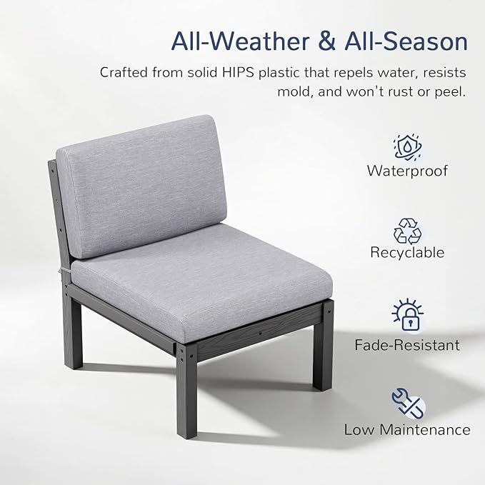 Stoog Modular Armless Chair - Interlocking HIPS Frame Waterproof Seat for Building Sectional Sofas, Grey