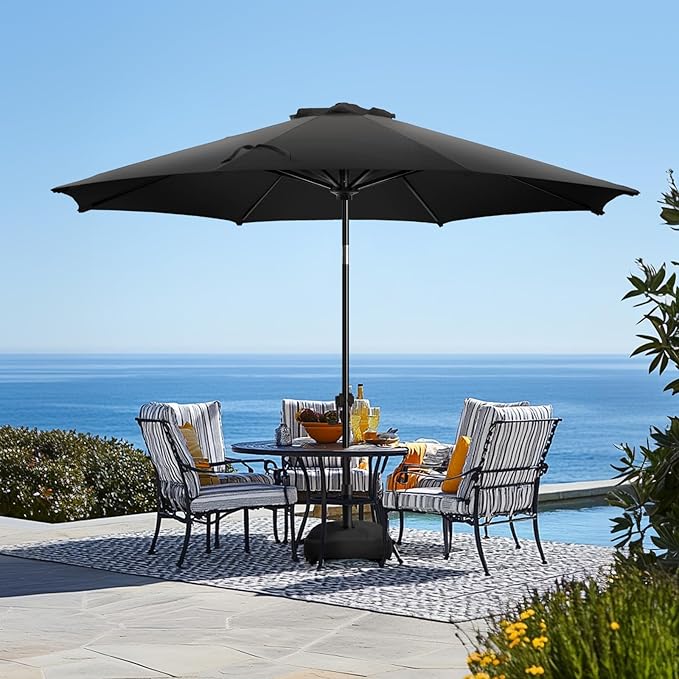 wikiwiki 9FT Patio Umbrella with Base, Outdoor Umbrellas with Base Included, 8 Sturdy Ribs, Waterproof Fade Resistant POLYESTER DTY Canopy for Deck, Lawn, Garden, Backyard & Pool, Black