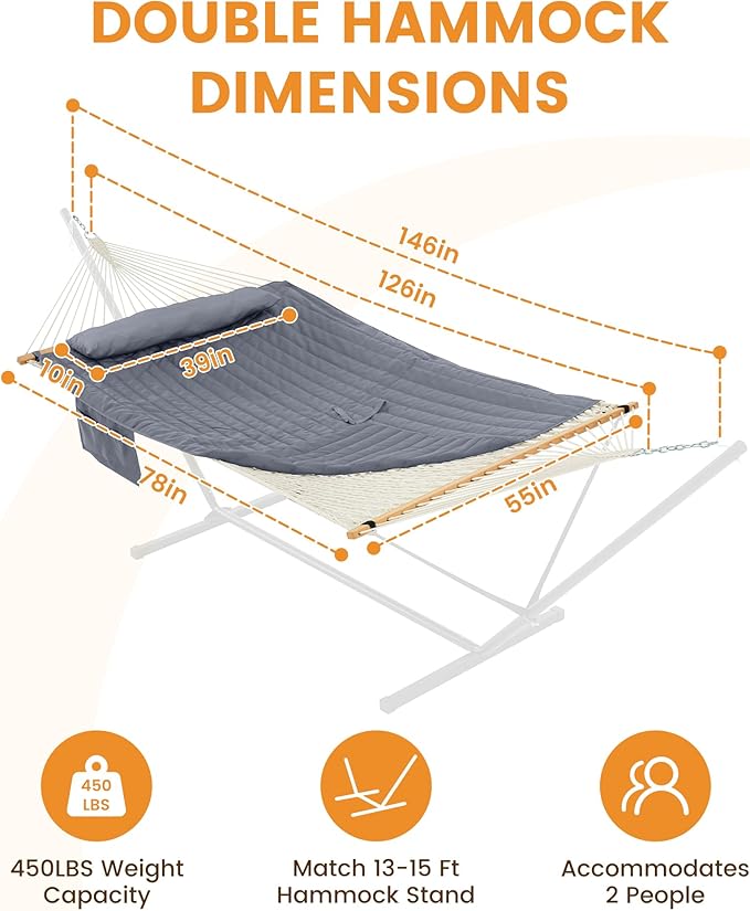 Lazy Daze Hammocks Rope Hammock with Pad, Spreader Bar, Carabiners, Tree Straps, Chains for Outside Patio- Max 450 Lbs, Grey