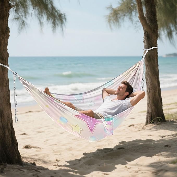 Cute Stars Blush Color Hammocks with Hanging Rope Swing Hammock for Indoor Outdoor Patio