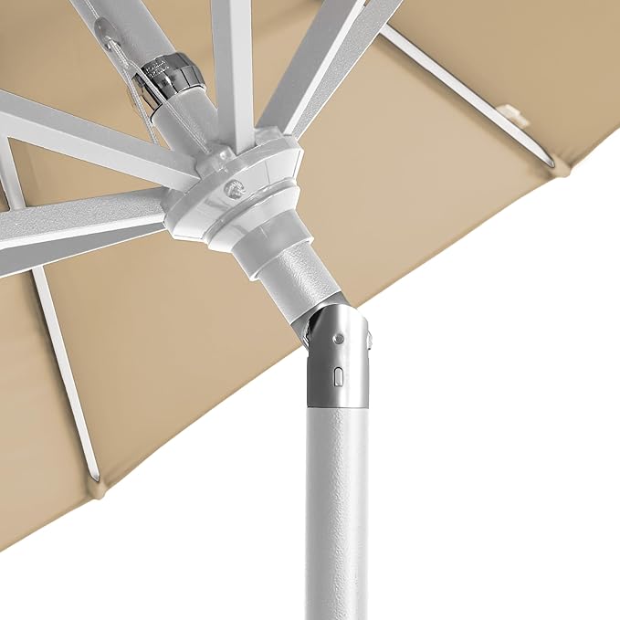California Umbrella 12-Year-Non-Fading, 9Ft Premium Sunbrella Patio Umbrella, Hand-Crank, Button-Tilt, White Frame, Heather Beige Fabric