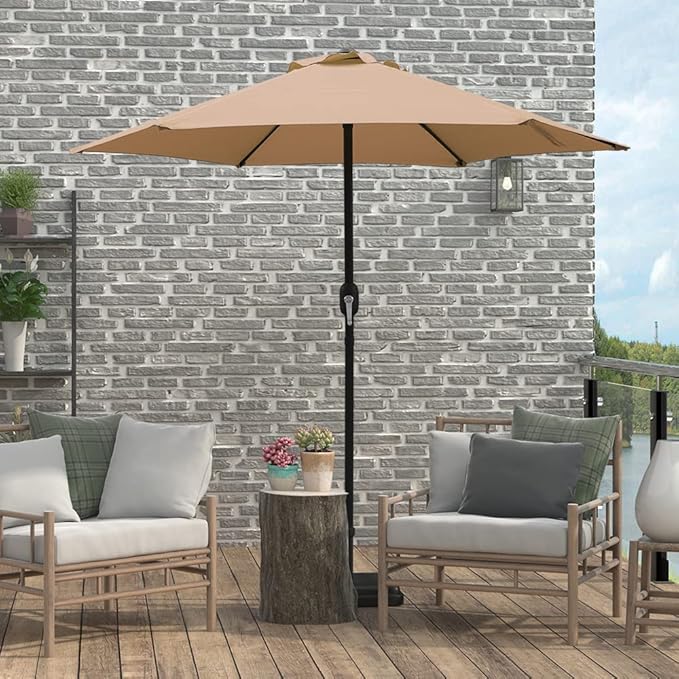 7.5 Feet Outdoor Umbrella with Crank Weather Resistant Umbrella Durable 6 Sturdy Steel Ribs Market Outdoor Table Umbrella Tan