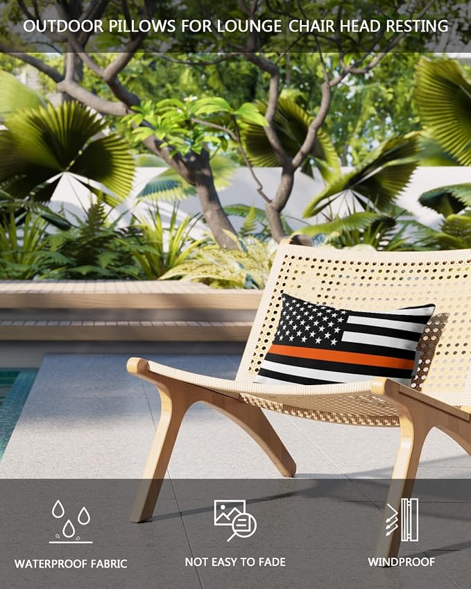 Outdoor Pillows Covers with Inserts Thin Orange Line Flag Search Waterproof Recliner Pillow with Adjustable Strap Throw Pillows for Patio Furniture Pool Lounge Chair, 12x20 inch, 2PCS