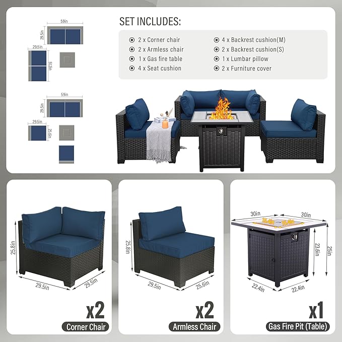WAROOM Outdoor 5 Piece Patio Furniture Set, Black Rattan Conversation Couch Resin Wicker Sectional Sofa Outside Chair with Propane Fire Pit Table, Navy Blue Cushion