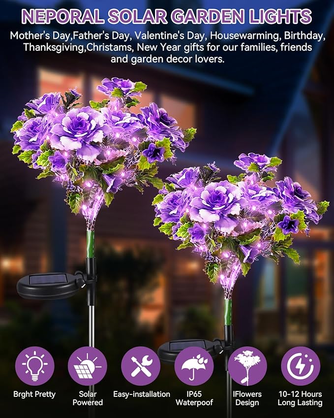Neporal Solar Garden Lights, 4PK Dusk to Dawn Purple Carnation Solar Flowers Outdoor Waterproof for Garden Decor