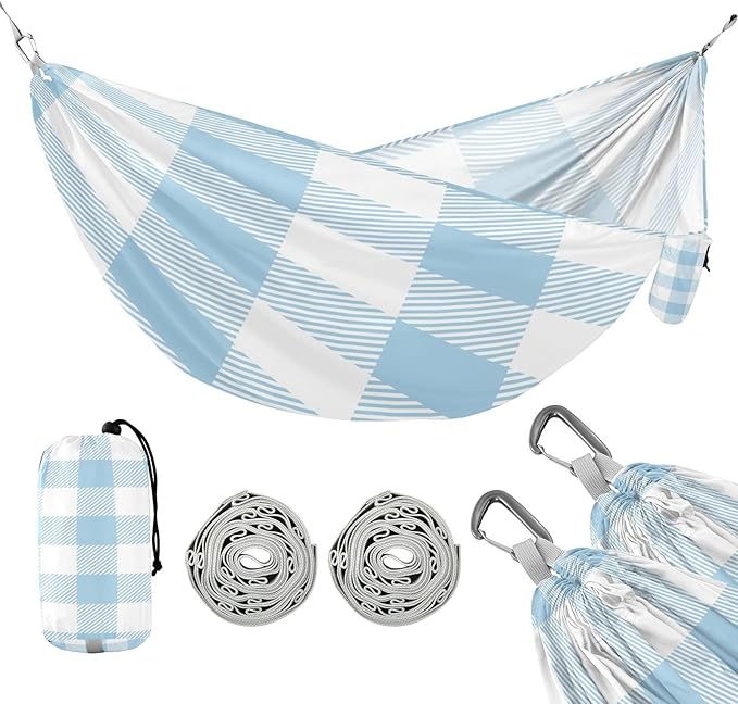 Qilmy Baby Blue Plaid Pattern Camping Hammock Single – 330 lbs Capacity, Lightweight with Tree Straps & Carabiners, Portable for Hiking, Travel, Backpacking