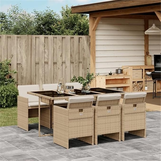 Afuera Living 7-Piece Rattan Patio Dining Set, Beige/Cream White, Weather-Resistant PE Rattan and Steel, Foldable 6-Seater with Cushioned High-Back Chairs, Modern Outdoor Garden Furniture for Dining