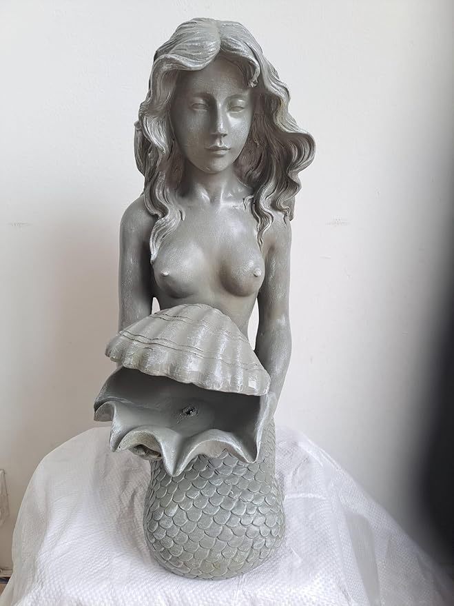 Michelle Mermaid Water Feature in Gray Finish 18 Inches (46cm), Polyresin Waterscape Sculpture, Suitable for Water Garden Koi Fish Ponds, Gardens, Patios, Fountain Centers or Pool Decorations