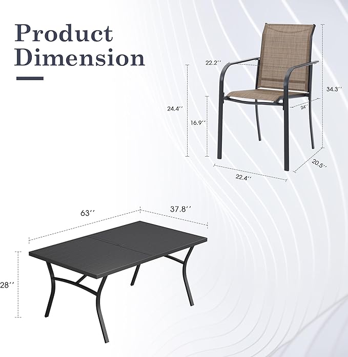 Patio Table and Chairs Set for 6, Outdoor Dining Set with 6 Stackable Dining Chairs and 63.1" x 28" Rectangle Patio Metal Table for Backyard, Deck, Lawn, Garden, Brown & Black