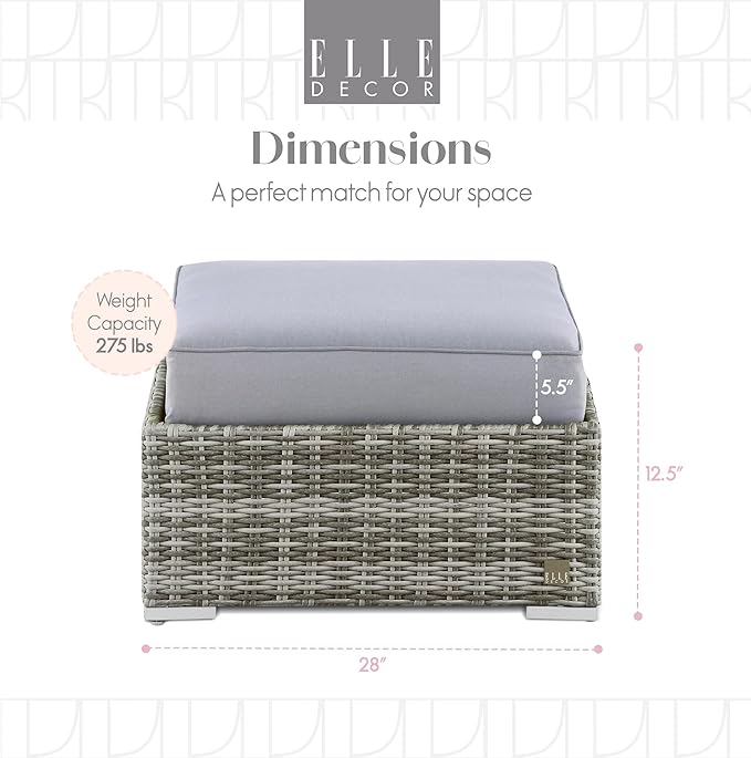Elle Decor Vallauris Patio Outdoor Furniture Collection, Premium All Weather Wicker, Ottoman, Gray