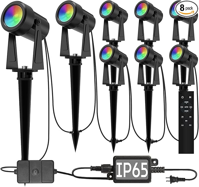 SUNTHIN Outdoor Landscape Lighting with Remote, RGBW Color Changing Spot Uplights, 8 Pack