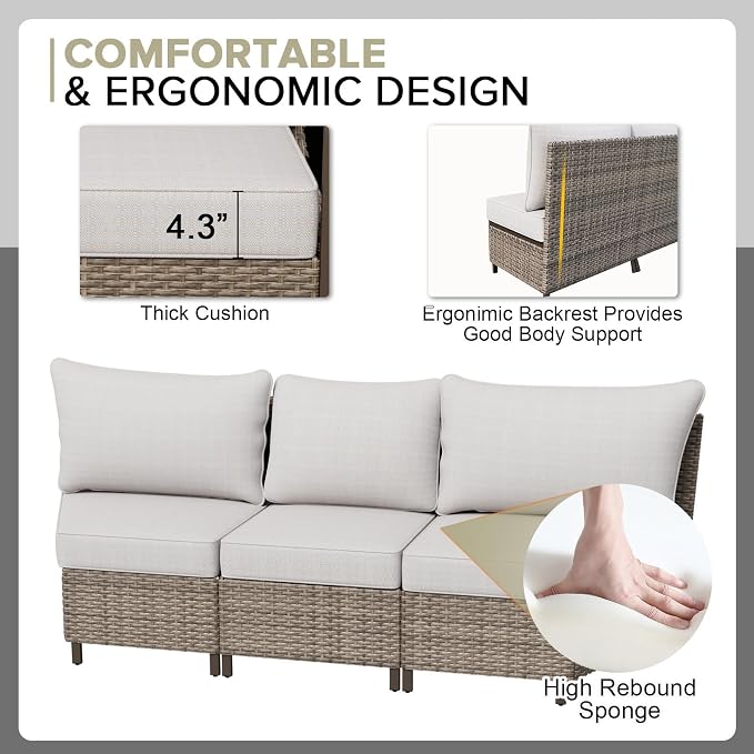 COOS BAY Aurora Terrace 4 Piece Outdoor Sectional Furniture Set, Half Moon Rattan Wicker Conversation Set with 5 Seat Sofa & Coffee Table for Patio Garden Yard, Beige/Beige