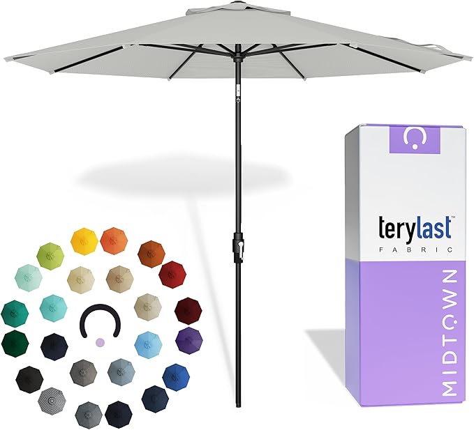 The Swilt 9 Feet Outdoor Umbrella With Terylast Off Cream (Off White) Polyester Fabric - Fiberglass Ribs, Auto-Tilt And Swivel Aluminum Frame Patio Umbrella For Deck, Garden, Pool - Black Pole