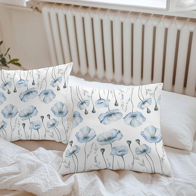 Blue Poppy Floral Waterproof Outdoor Pillow Covers Set of 2 Home Decor, Farmhouse Pastoral Botanical Flowers Pillowcase Patio Pillow Covers for Couch Bench Furniture Garden 16x16in