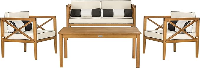 Safavieh PAT7031A Collection Nunzio Teak and White and Navy 4 Pc Accent Pillows Outdoor Set
