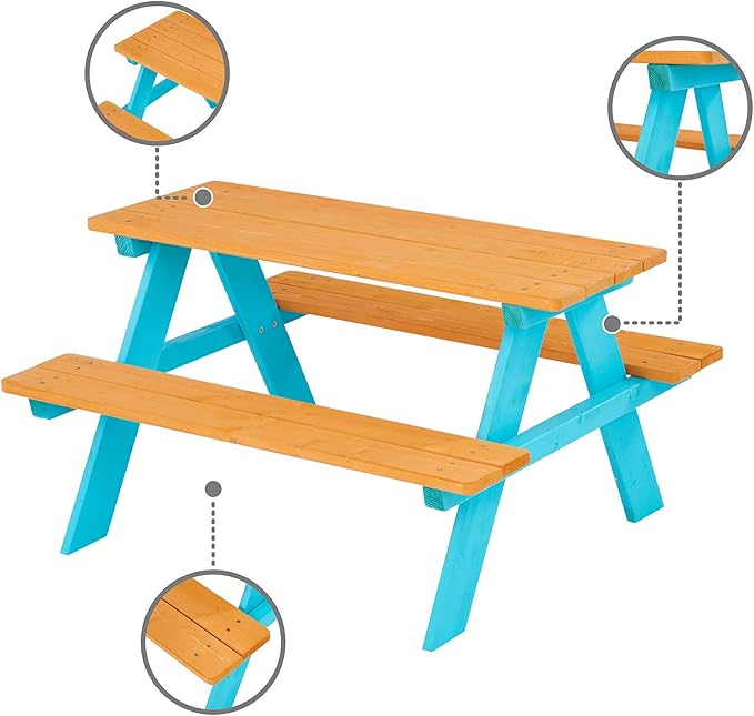 Teamson Kids - Wooden Outdoor Child Children Kids Picnic Table & Chair Bench Set - Brown/Aqua | Weather-Resistant Pine Wood, Seats 4 Children, Ideal for Backyard, Patio, Garden