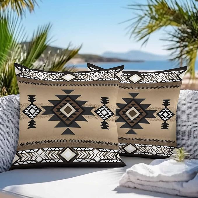 Vandarllin Outdoor Throw Pillows Covers 20x20 inch Set of 2 Waterproof Brown Tribal Style Decorative Zippered Cushion Covers for Patio Furniture, Southwest Native American Lumbar Pillowcases