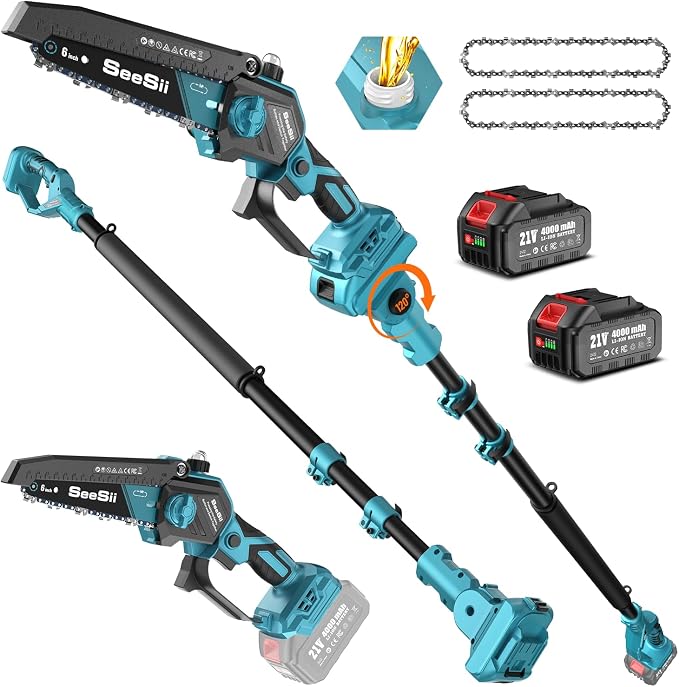 SEESII 2-in-1 Electric Pole Saws: Electric Mini Chainsaw 6 Inch Cordless, 2 x 4000mAh Batteries Tree Pruner, Brushless Chain Saw with Extension Pole for Limb Branch Cutter,16Ft Reach