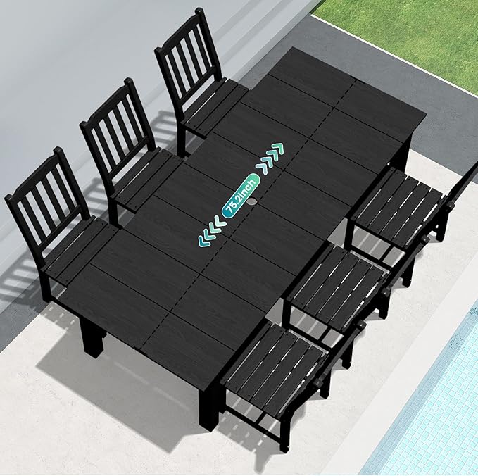 LOUNZY 7 Pieces Patio Dining Sets, Outdoor HDPE Furniture Set for 6 w/ 2" Hole Cut-Out Dining Table with 6 Armless Patio Chairs for Pool, Lawn and Garden,Black