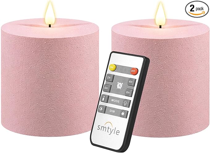 smtyle 4"x4" Pink Fake Candles Battery Operated Flameless Candles with Remote Sculptural Sand Texture Frosted Plastic Minimalist Decorative Set of 2