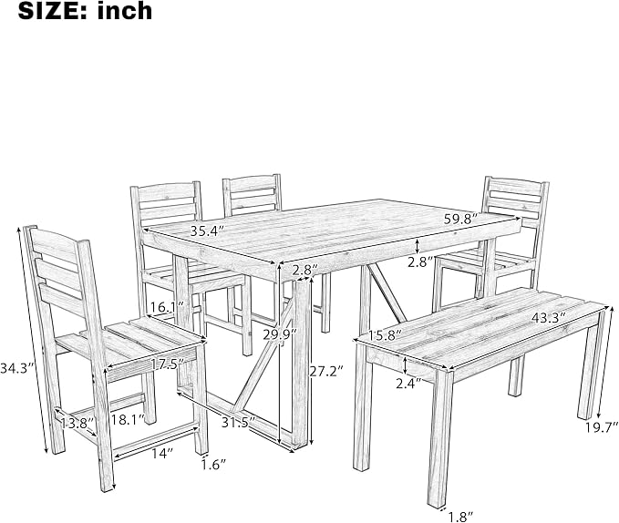 6 Pieces Outdoor Acacia Wood Dining Table Set for 7 with 59.8" Rectangular Table and 4 Chairs and Bench, Modern Patio Dinner Set without Cushion for Backyard, Garden, Poolside or Indoor, Natural