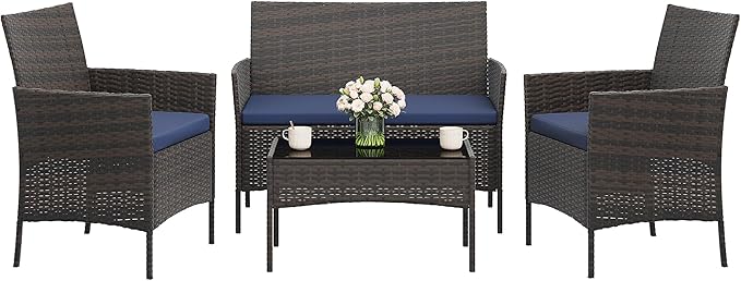 4-Piece Outdoor Furniture Set, PE Rattan Wicker Chairs with Soft Cushions & Tempered Glass Coffee Table - All-Weather Patio Set for Garden, Backyard, Porch, Poolside (Brown/Navy Blue)