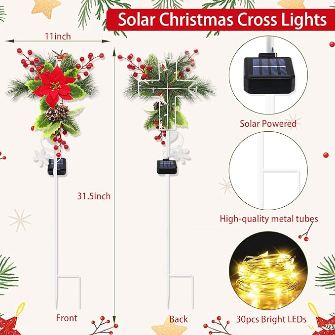Solar Christmas Decorations Outdoor, 4 Pack 32 Inch Solar Christmas Cross Stake Lights, Waterproof Grave Decorations with Poinsettia Flower Pinecones Red Berries for Garden Yard Patio Lawn Cemetery