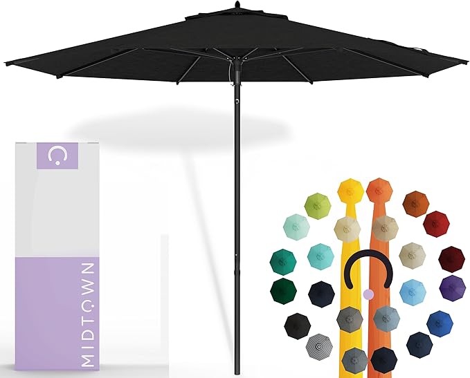Midtown Umbrellas Push & Pop 8 Ft Patio Umbrellas with Push & Pop Mechanism, Fiberglass Ribs & Sunbrella Fabric – Outdoor Umbrella for Deck, Pool, Cafés and Hotels – Spectrum Carbon Canopy, Black Pole