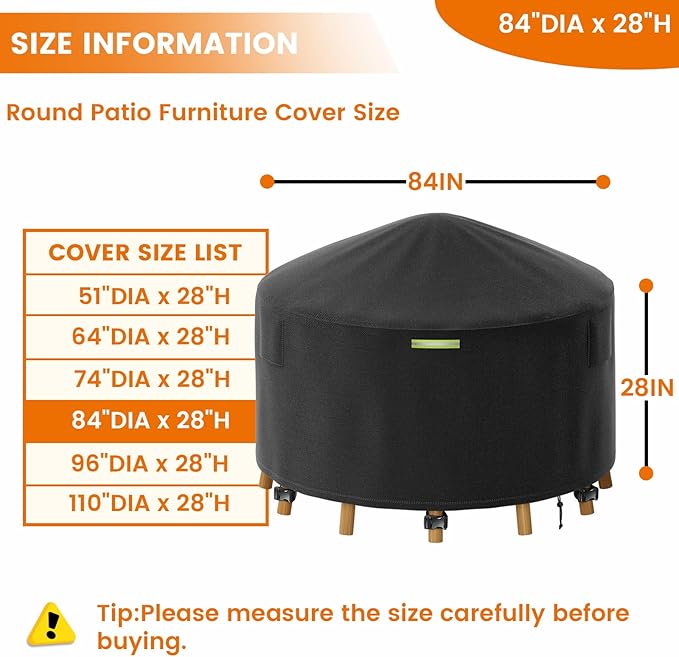 84 Inch Round Patio Furniture Covers with Support Pole, 800D Heavy Duty Waterproof Tear-Resistant Polyester Round Outdoor Table Cover