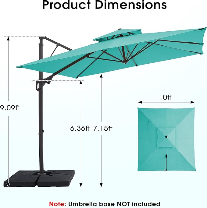 JEAREY 10ft 2-Tier Cantilever Patio Umbrella, Large Square Outdoor Offset Umbrella with Double Top Vent and 360-degree Rotation for Garden, Deck, Pool, Patio, Peacock Blue