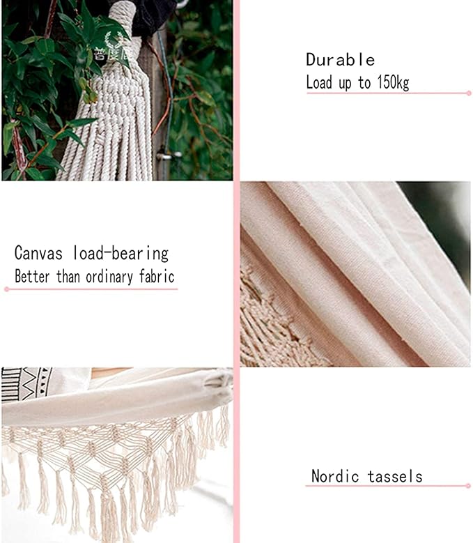 Camping Hammock Bed Tassel Hammock Rope Swing Canvas Sturdy Lanyard Rocking Chair for Outdoor Indoor Garden Load Capacity Up to 150 Kg Hammock Swing (Color : Black, Size : 200 * 150cm)