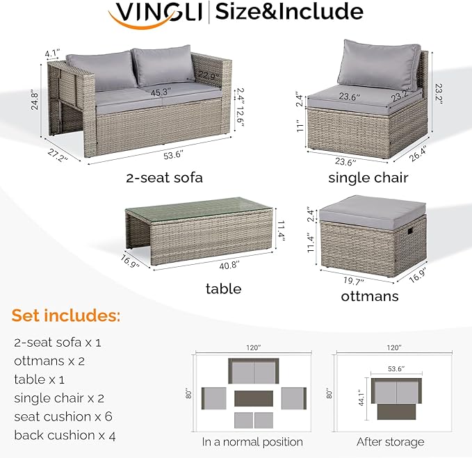 VINGLI 6 Pieces Wicker Patio Furniture Set, Outdoor Sectional Furniture Patio Conversation Set Space-Saving Design with Ottomans and Coffee Table for Garden,Poolside, Backyard(Grey)