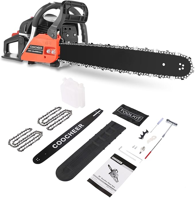 COOCHEER 62cc Gas Powered Chainsaw 20-Inch, 3.5HP 2-Cycle Heavy-Duty Chain Saw – Anti-Vibration Handle for Farm, Ranch, Yard, Tree Cutting & Firewood Logging