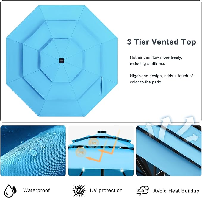 ABCCANOPY 3-Tiers 10FT Solar Patio Umbrella, Outdoor Umbrella with 32 LED Lights for for Deck, Pool, Garden, Backyard (Turquoise)