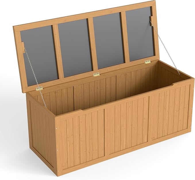 112 Gallon Outdoor Wooden Deck Box Solid Wood Storage Box Seat Table Top for Patio Furniture Cushions, Pool Toys Garden Tools