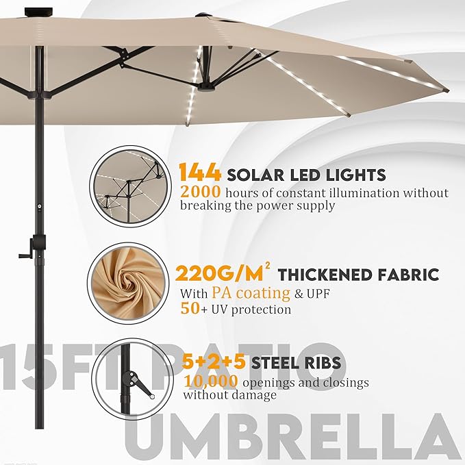 GDPFN 15ft Large Patio Umbrella with Solar Lights, Outdoor Double-Side Rectangular Umbrella, Backyard Pool Umbrella with LED Light for Deck, Outside, Market, Beige (Base Not Include)