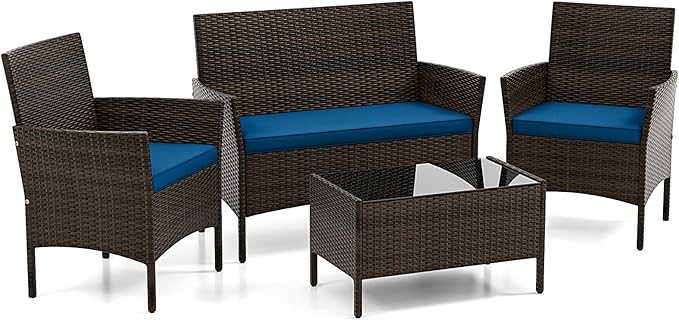 DORTALA 4-Piece Rattan Patio Furniture Set, Outdoor Table & Chair Set with Tempered Glass Coffee Table, Cushion, Wicker Conversation Set for Garden, Lawn, Poolside and Backyard, Peacock Blue
