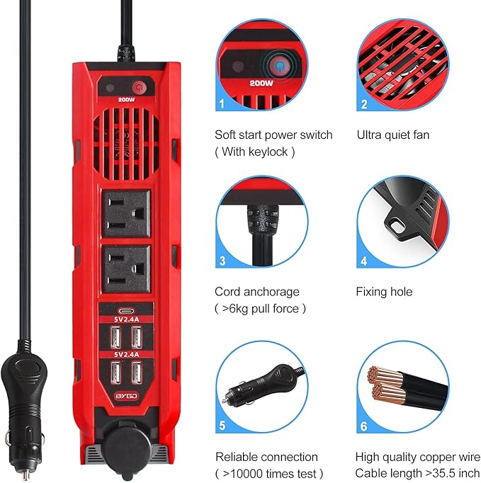 BYGD 200W Car Power Inverter DC 12V to 110V AC Car Plug Adapter Outlet Converter with 1 Type-C Port 2 AC Outlets 4 USB Quick Charging Ports Cigarette Lighter Socket.