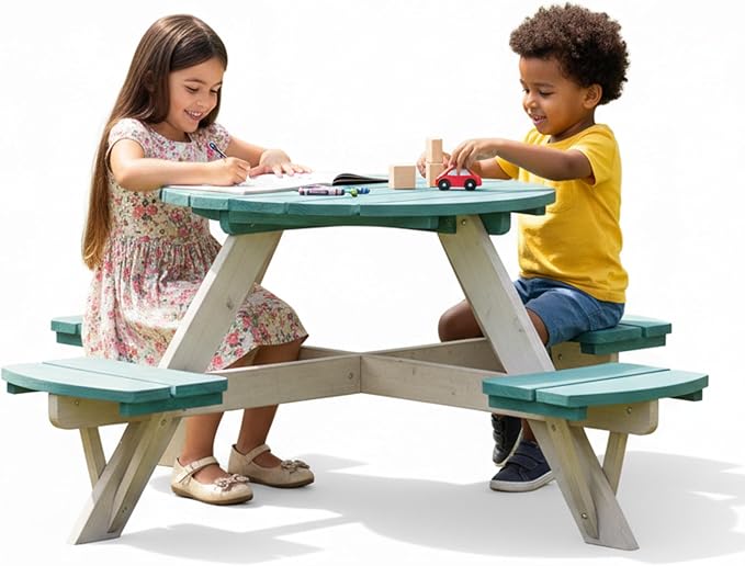 Plum® Kids Picnic Table - Wooden Toddler Table and Chairs Set, Outdoor Furniture for Patio, Garden, Backyard Dining & Activity, 4 Built-in Benches, Sturdy, Durable, Weatherproof, Ages 3+, Teal