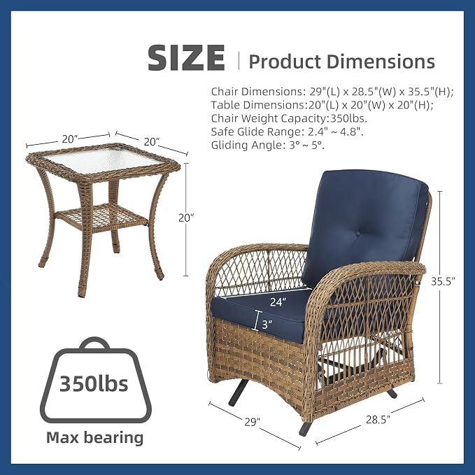 3-Piece Patio Wicker Conversation Bistro Set, All-Weather Gliding Rocking Chairs with Thickened Cushions and Glass Top Table, Outdoor Rattan Furniture Sets for Porch Garden, Navy Blue
