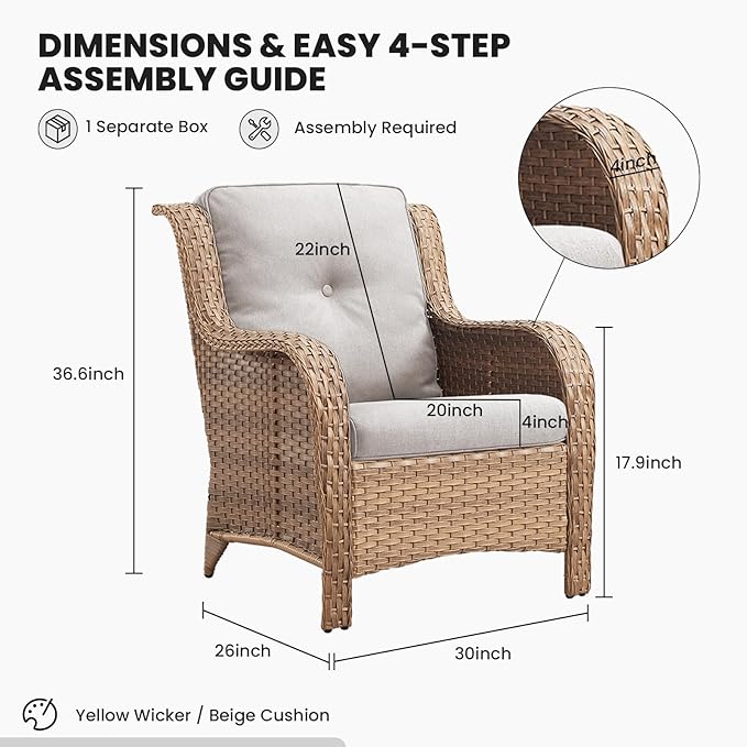 Belord Patio Chairs Set of 2-300 LBS Weight Capacity Outdoor Wicker Chairs with High Backrest Removable Cushion, All Weather Outdoor Seating Rattan Dining Chairs for Porch Balcony Backyard Yellow