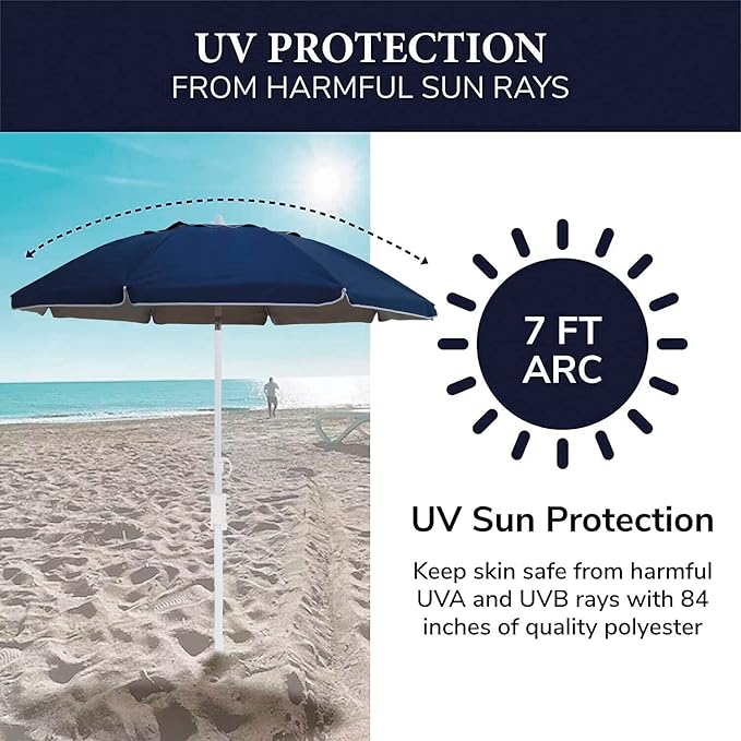Beach Umbrellas for Sand Heavy Duty Wind Portable,7ft Outdoor Umbrella with Sand Anchor,Tilt and UV 50+ Protection, Includes Carry Bag for Beach, Patio, and Garden,Polyester Fabric with Silver Coating, Navy Blue