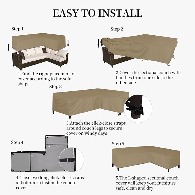 Easy-Going Patio L-Shaped Sectional Sofa Cover, 110"X85" Waterproof Heavy Duty Outdoor Garden Furniture Cover with Air Vent (Right Facing, Camel)