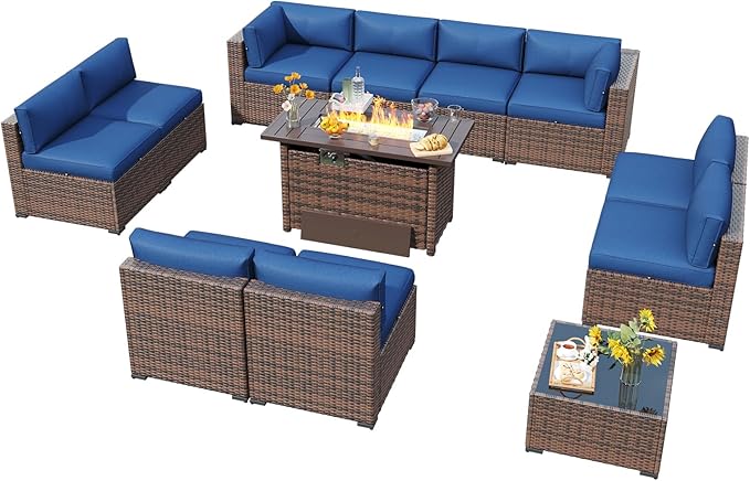LazySunsets 12 Piece Outdoor Patio Furniture Set with 44'' Fire Pit Table, Outdoor Patio Furniture Sets with Waterproof Cover and 4'' Cushion, Wicker Rattan Outdoor Conversation Set for Backyard, Blue